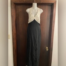 Vintage 90s Zum Zum V Neck Formal Gown Long Dress Black and White Lace 13/14