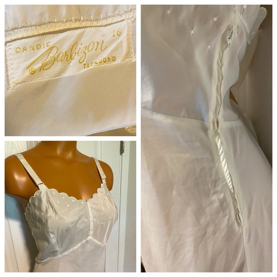 DE COLECCIÓN AÑOS 50 CANDIE BARBIZON TAFREDA BLANCO CON RIBETE DE VIEIRA DESLIZAMIENTO COMPLETO EE. UU. - TALLA 16 Foto 2 de 4