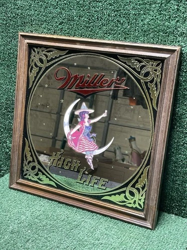 Vintage Miller High Life 1984 Girl On The Moon Beer Mirror Wall Bar Sign.