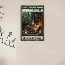 Vintage Books Cats Design with Time Spent Tin Metal Signs Home Décor 8x12 