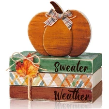4 Pcs Fall Tiered Tray Decor Thanksgiving Wood Book Stack with Wooden Sign Au...