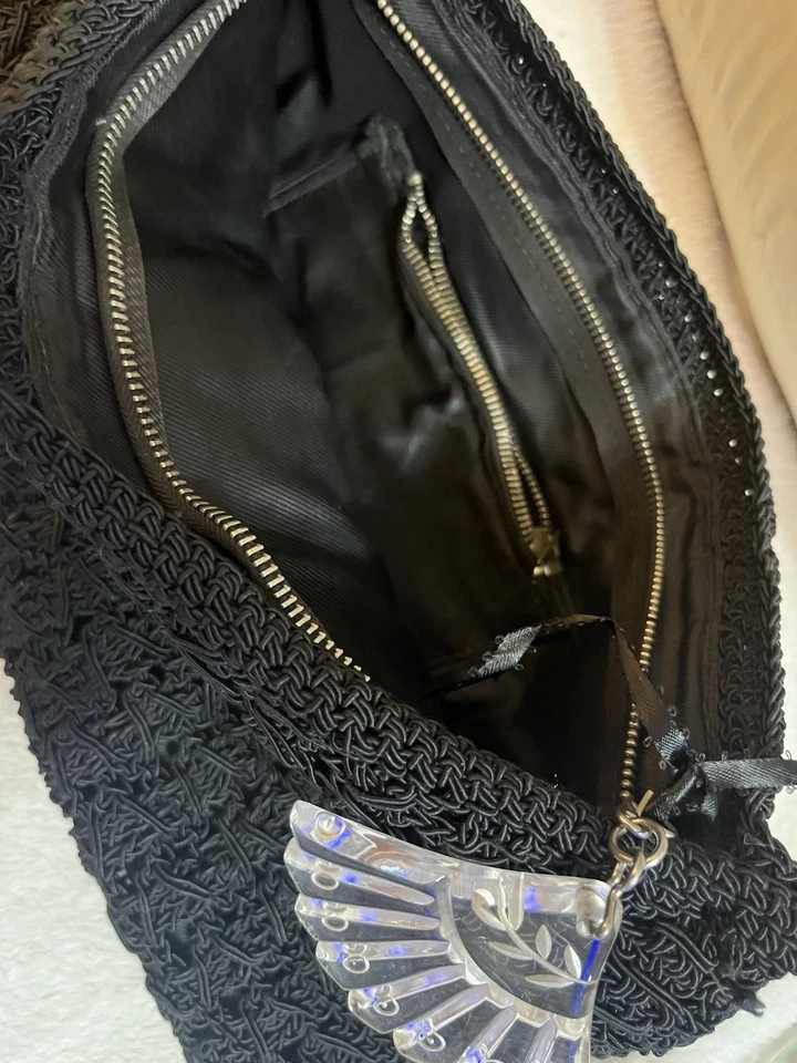 1940s Vtg Black Macrame Cord Crochet Handbag Fan Purse Scalloped Edge Lined, Zip - Image 2 of 2