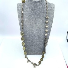 Vintage Long Antique Gold Olive Green Bead Asymmetric Link Strand Charm Necklace