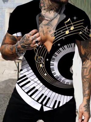 Mens Button Up Shirt Black White Musical Note Piano Print Short Sleeve Dress Top