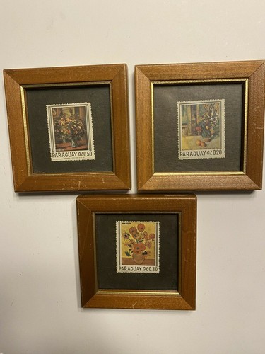 Lot de 3 timbres-poste vintage paraguayens en bois 4x4 cadres fleurs art A10 - Photo 1 sur 8