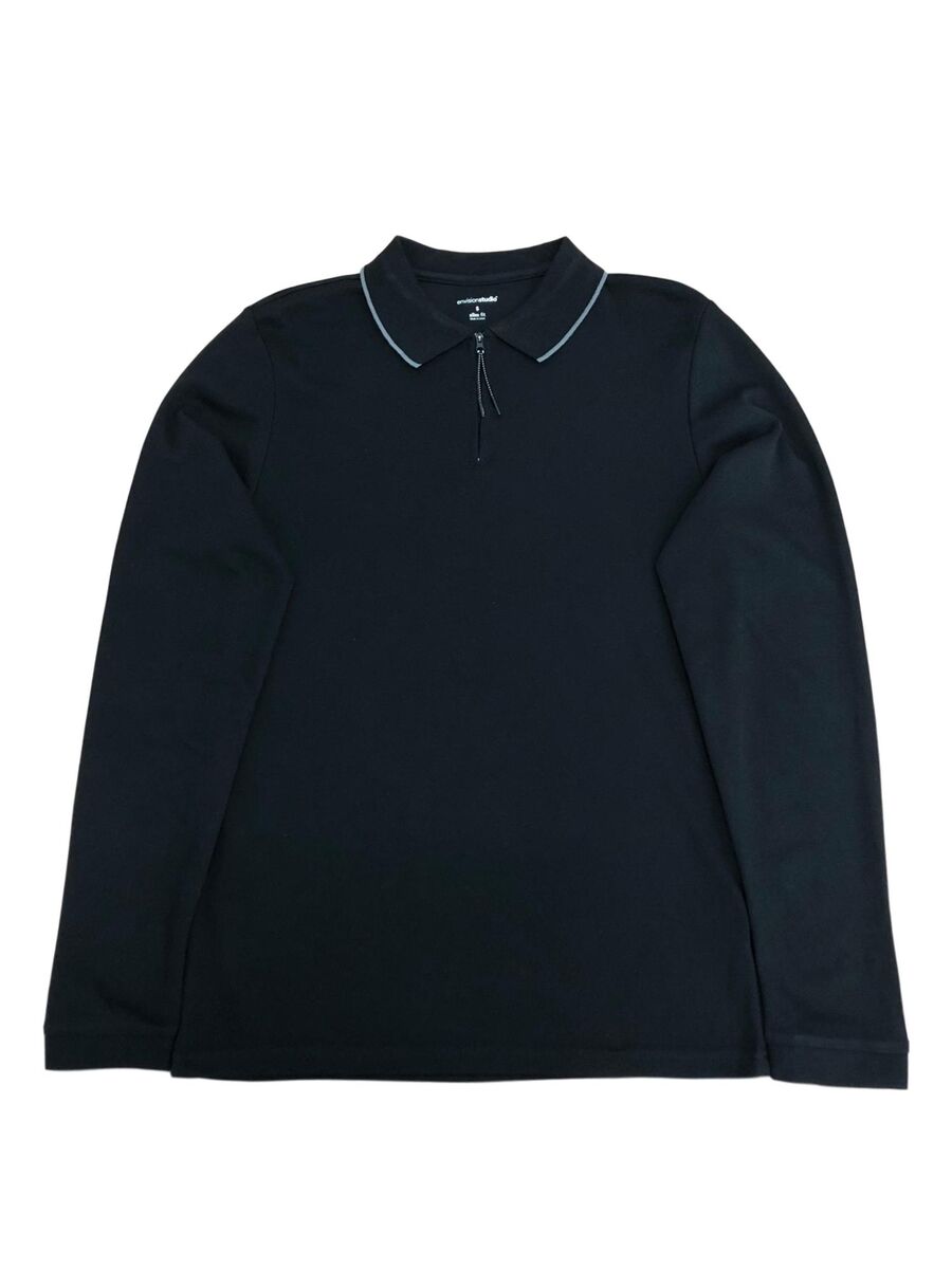 Mens Black Slim Fit Long Sleeve Zip Collar Polo Shirt Medium Mens Black Slim Fit Long Sleeve Zip Collar Polo Shirt Medium
