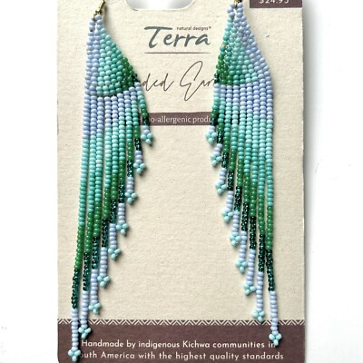NEW! Terra Natural Designs GREEN & PALE BLUE BEADED EARRINGS   Handmade, Ecuador
