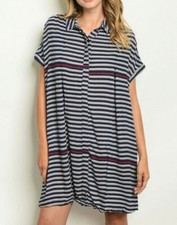 NEW 19 COOPER XS CUFF BLUE RED STRIPED BUTTON DOWN COLLAR OVERSIZED SHIRT DRESS