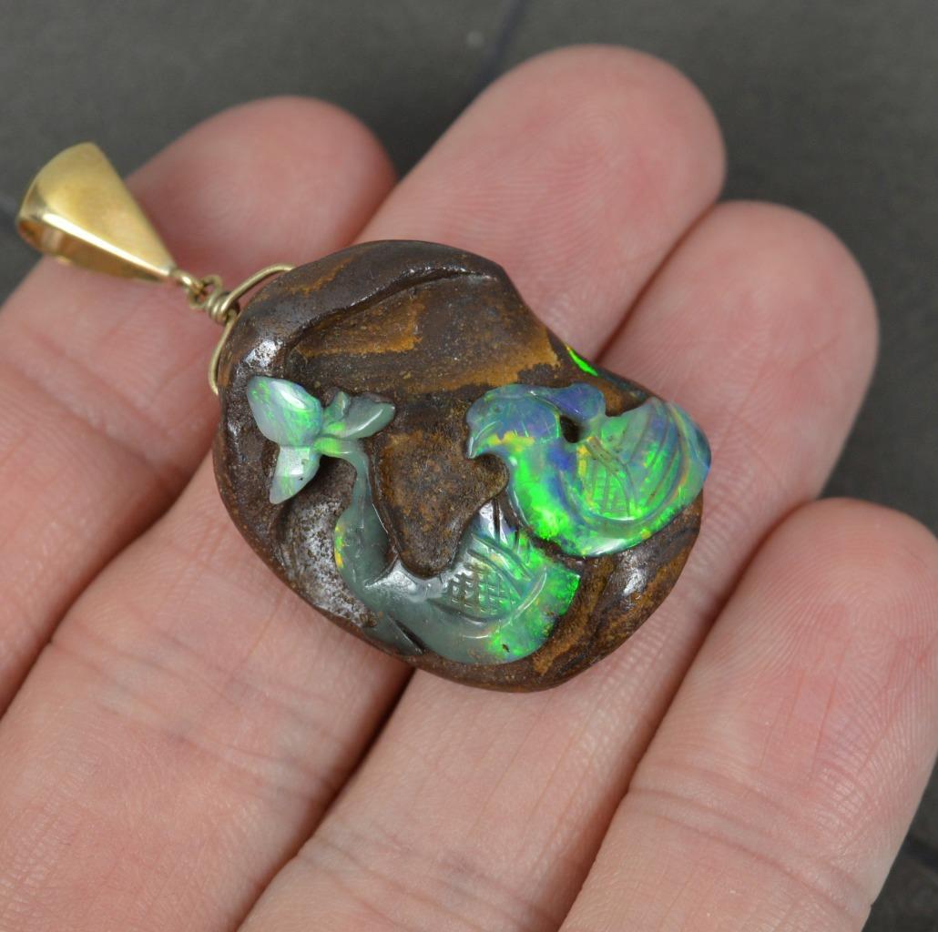 Impressive Antique Carved Boulder Opal and Gold Pendant
