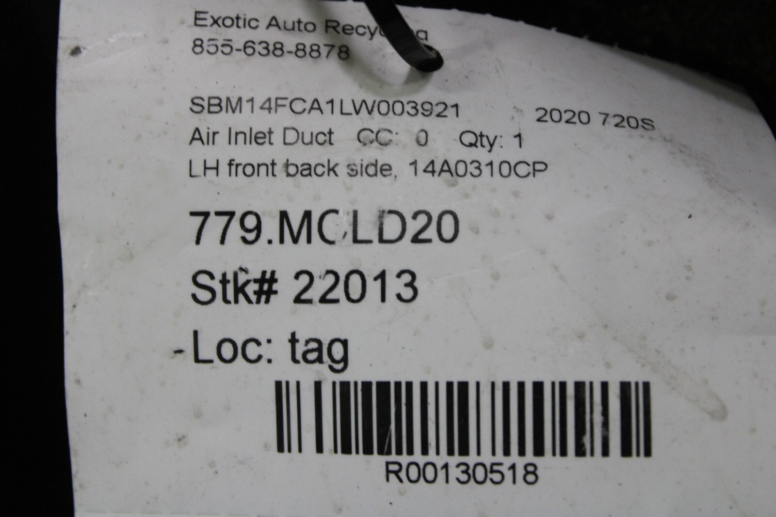 McLaren 720S, LH, Left, Front Back Side Air Duct Bracket, Used, P/N 14A0310CP