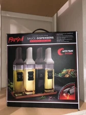 Parini 4 Piece Auto-pour Sauce Dispensers W/Acacia Wood Tray
