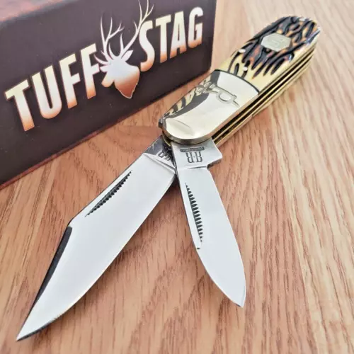 Rough Ryder Slip Joint Pocket Knife 440A Steel Clip / Pen Blades Stag Handle