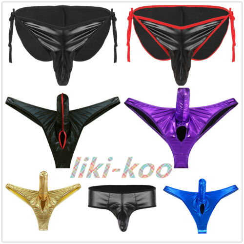 Men Wet Look Leather Boxer Briefs Underwear Bulge Pouch Panties Thongs ...