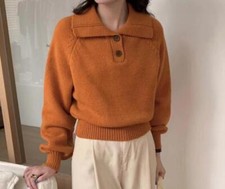 Womens New Fashion Winter Lapel Long Sleeve Loose Warm Kniting Pullover Sweaters