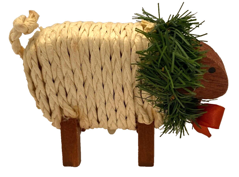 Vintage Silvestri Christmas Wooden with Wrapped Rope  & Wreath Handcrafted Sheep