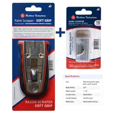 Soft Grip Paint Caulk Varnish Scraper + 10-Pack Extra Blades, Redtree Industries