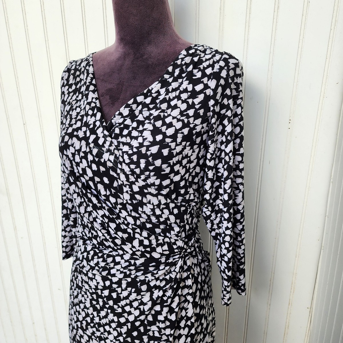 Chaps Womens Jersey Stretched Ruched Dress Black Beige White 3/4 Sleeve  Sheath L | eBay