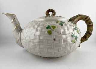 Belleek Irish Shamrock Porcelain Tea Pot With Lid Black Mark 1891 1926