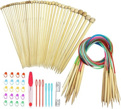 Hobekoee Knitting Needles Set,36 PCS 9.8'' Straight Single 2-10mm, Brown 