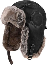 Men Faux Leather Fur Hat Russian Aviator Trapper Hat Winter Ski Ushanka Earflap