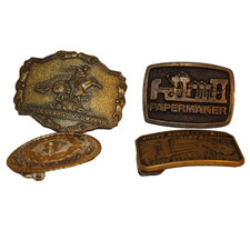 Lot of 4 Vintage Brass Belt Buckles: Wells Fargo Papermaker Wallula Paper Rodeo