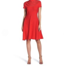 Eliza J Red Eyelet Knit Fit & Flare Short Sleeve Midi Dress Women’s Size Large
