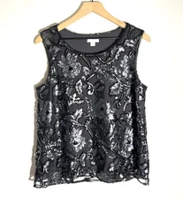 Garnet Hill Women's Sequin Floral Sleeveless Top Scoop Neck Gray Elegant Party