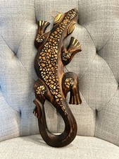 Wooden Gecko Lizard Wall Hanging 12" Wood Carving Wall Ornament NEW