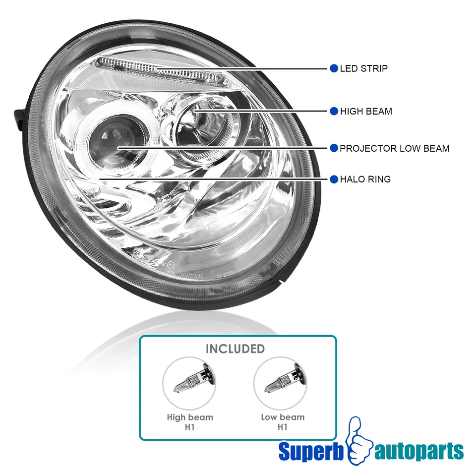 Fits 1998-2005 Volkswagen Beetle Halo Projector Headlight 98-05 VW Head Lamp Foto 3 de 4