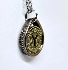 Teardrop Pendant( New York City vintage token & state quarter ) coin rings too
