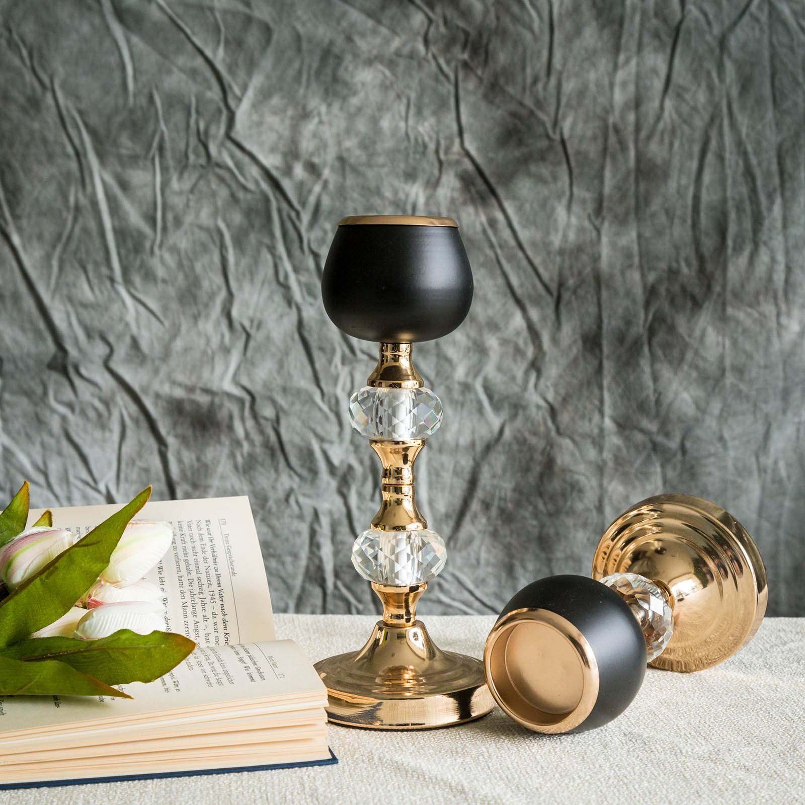 2 pcs Gold and Black 7" 11" tall Metallic Candle Holders with Crystal Accents