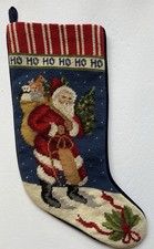 Needlepoint Christmas Stocking Santa Claus w/ Sack Ho Ho Ho 17  Long Blue Velvet