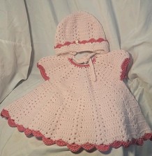 Pink BABY Girl Dress Bonnet Knitted Crochet Vintage Handmade 2pc Bunny Buttons