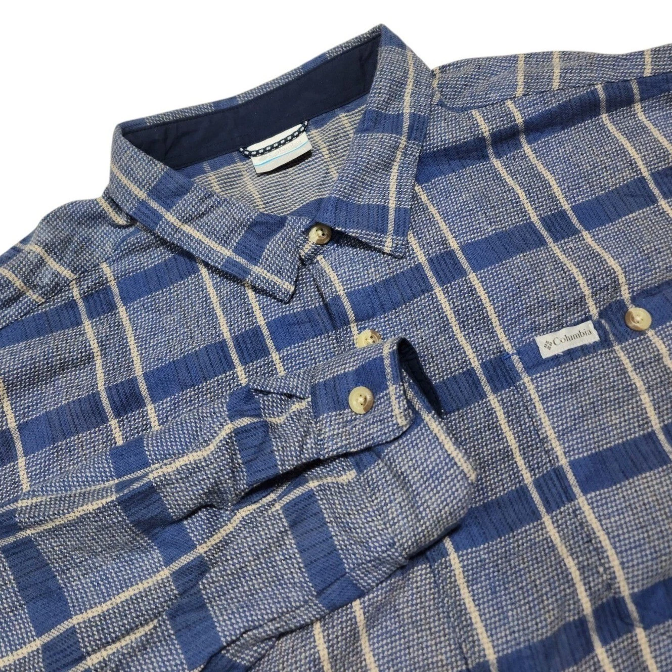 Columbia Button Down Men XXL Blue Plaid Long Sleeve AM3753 Cotton Outdoor Shirt