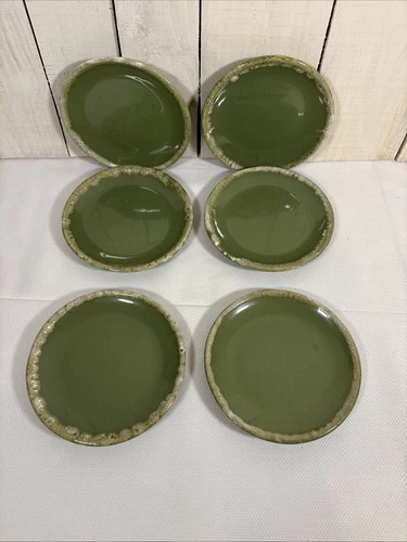 Vtg Hull Pottery Avocado Green Drip Glaze Bread Plate set of 6 Sz 6.75”
