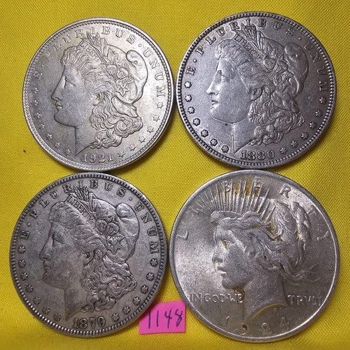LOT of 4 🇺🇲🔥XF-AU 👀🔥1879 1880-O 1921 Morgan & 1924 Peace Silver Dollars 148