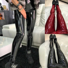 Women Stretchy Shiny Wet PU Leather High Waist Skinny Pants Trousers Leggings
