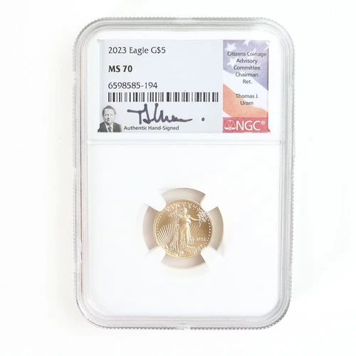 2023 NGC MS70 $5 1/10th Oz Gold American Eagle Coin 5 Dollars Thomas Uram Signed
