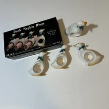 Vintage 1983 Ron Gordon Set of 4 Ceramic Duck Napkin Rings With Box Blue Ribbons
