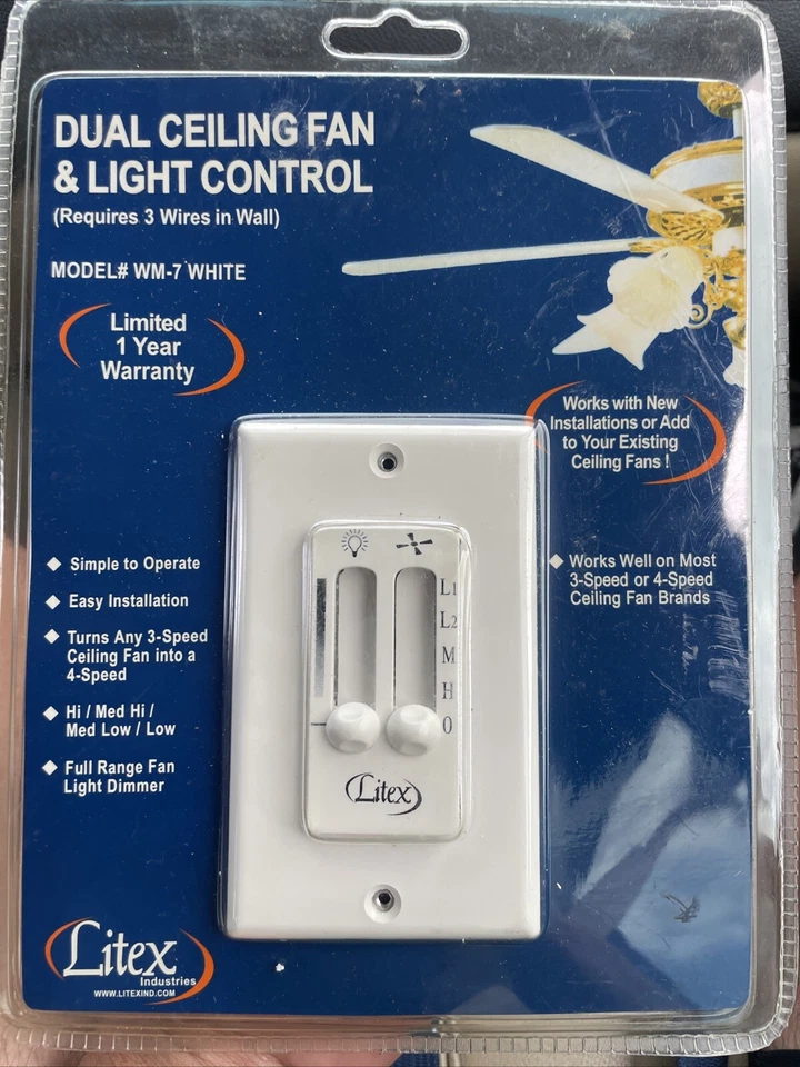 Litex Dual Ceiling Fan & Light Control W/ Dimmer, Model WM-7, White, New Sealed