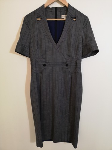 Karen Millen England Coroporate Pencil Dress Dark Gray Wool Short Sleeve Size 14