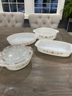 Vintage 1960s Dynaware 5 Piece Pyr-O-Rey Milk Glass Brown Daisy