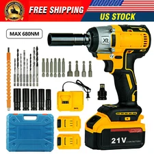 21V Cordless Impact Wrench 1/2" 680Nm High Torque Brushless Drill w/ 2 Batteries