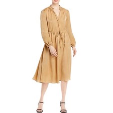 T Tahari Camel Brown Peasant Long Sleeve Tie Up V Neck Midi Dress Size Large