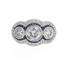 Old European Cut Simulated Diamond Sapphire Art Deco Ring 14k White Gold Plated
