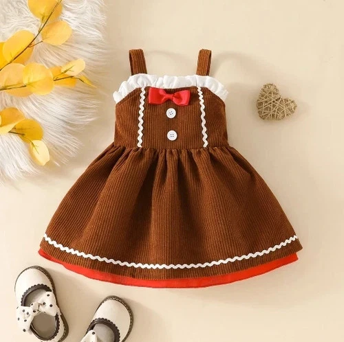 Toddler Baby Girl Gingerbread Man Dress Sleeveless Patchwork Ruffled Bow 6-12m