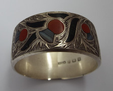 BEAUTIFUL RARE ANTIQUE 1911 STERLING SILVER & INLAID HARDSTONE AGATE NAPKIN RING