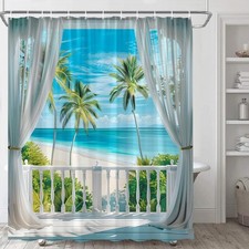 Sea View Shower Curtain Summer Blue Ocean Beach Tropical Hawaii Island Palms ...