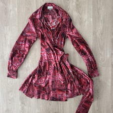 Ganni Red Silk Stretch Animal Print Long Sleeve Wrap Mini Dress Size 40