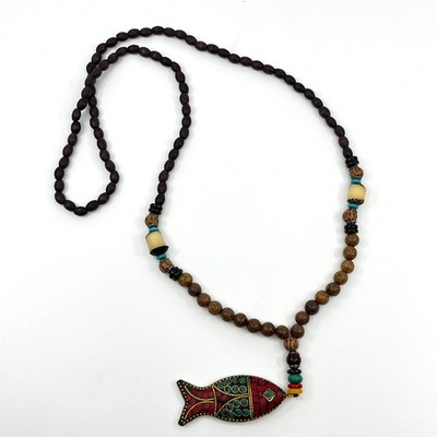 Vintage Boho Mosaic Fish Pendant Wood Bead Statement Necklace Tribal Style
